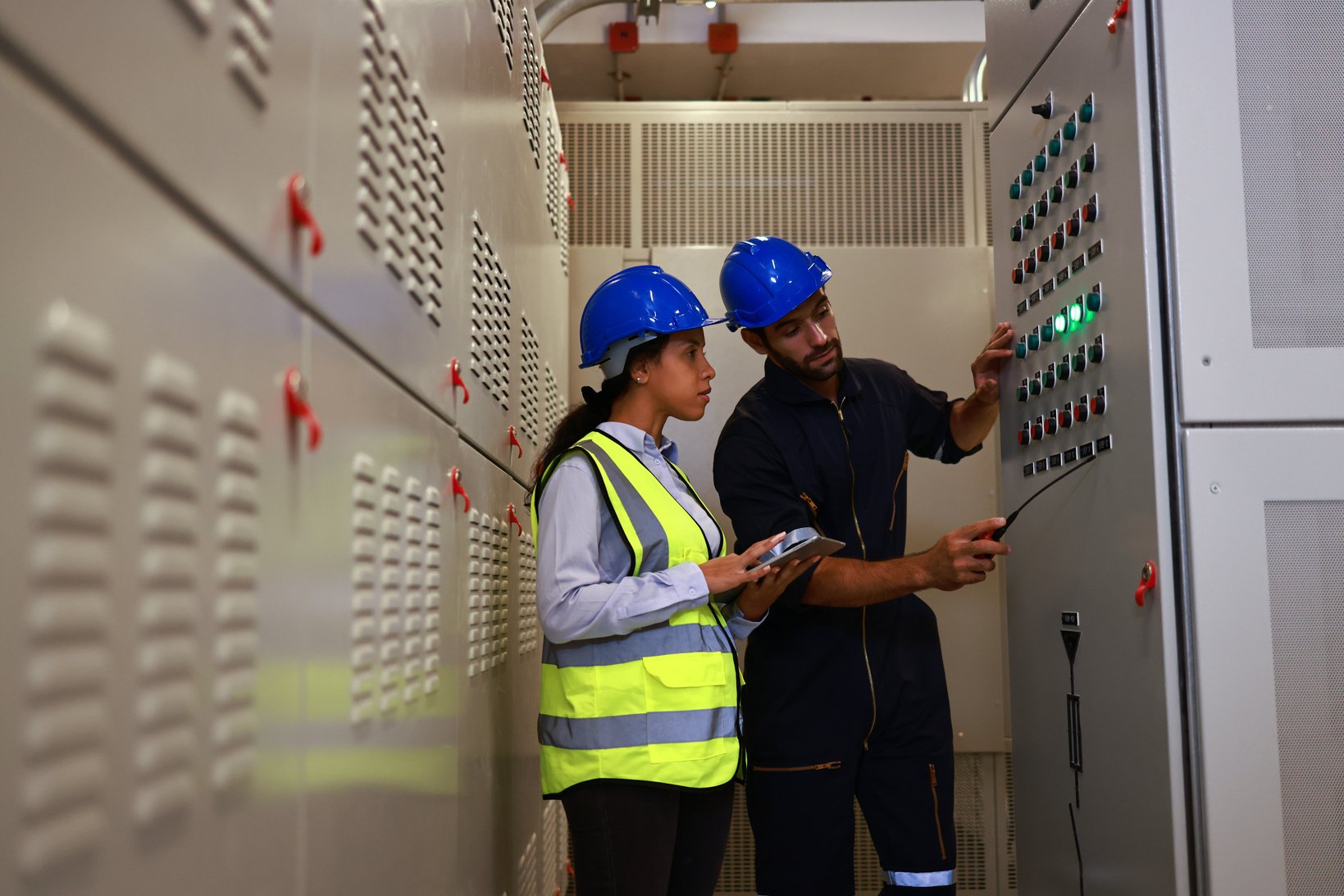 Electrical engineer and system engineer work together check electrical control room of building